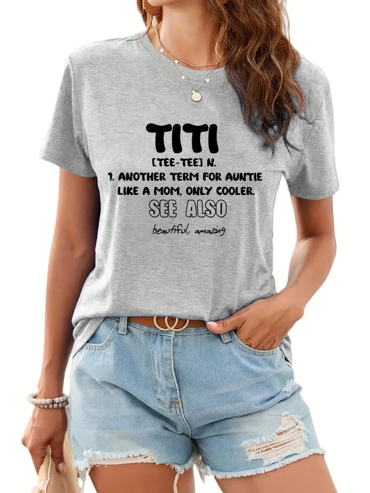 T-Shirt for Women TITI Print T-Shirt Short Sleeve Crew Neck Casual Top Women's Clothing