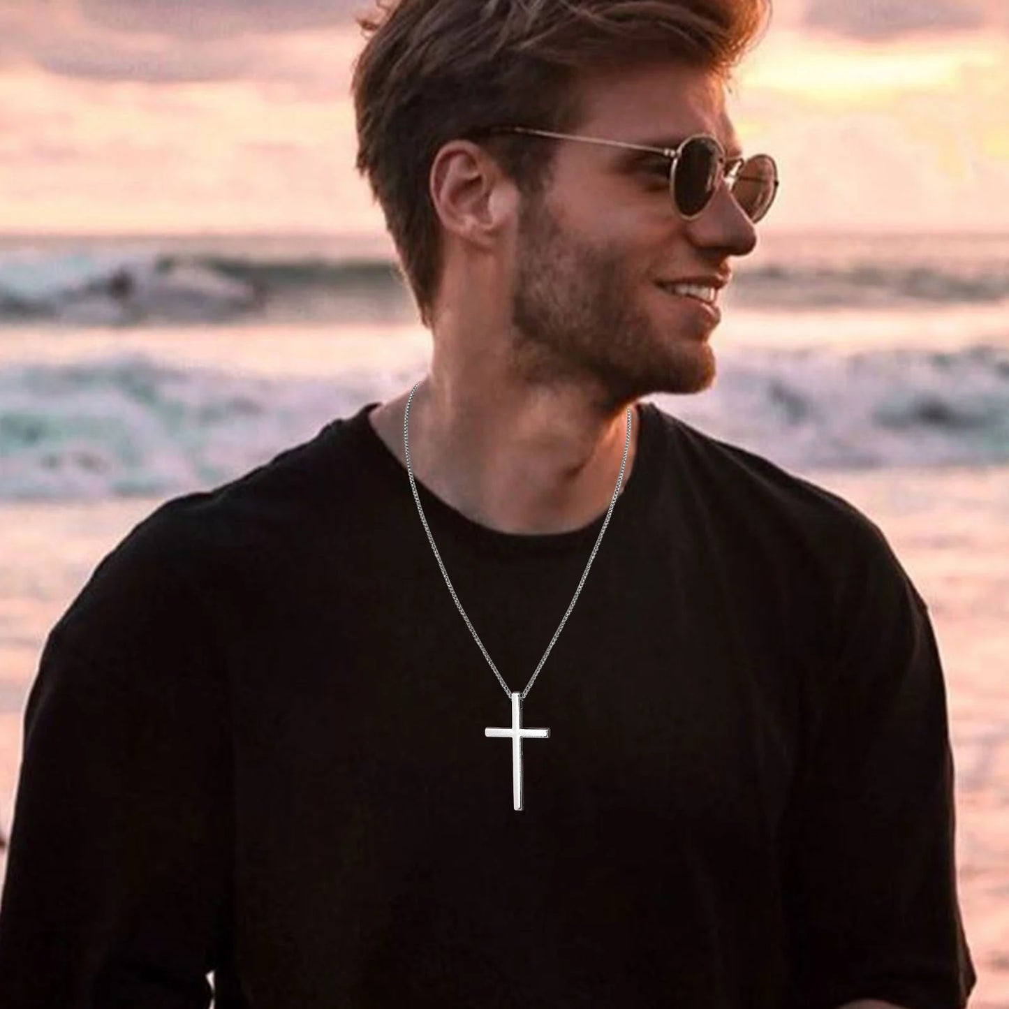 Pendant for Men Unisex Plain Cross Necklaces Men Women Stainless Steel Religious Faith Cross Pendant Necklace Simple Cross with Box Chain