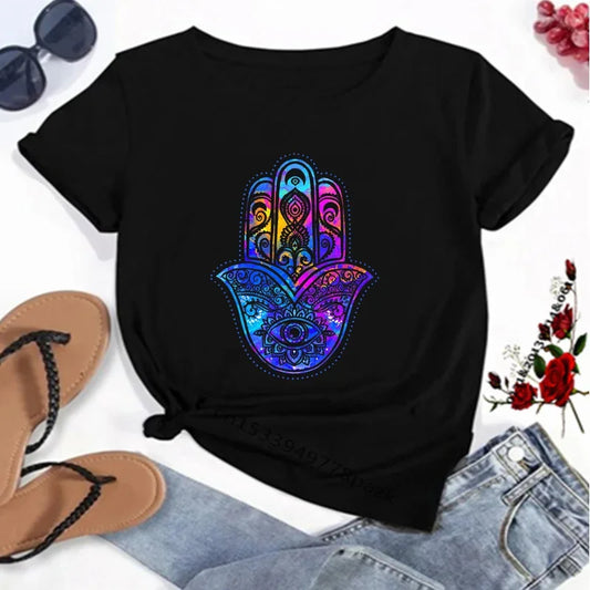 T-Shirt for Women Hamsa Hand of Fatima Print Women's T-Shirts Lucky Hand Unisex T Shirts Short Sleeve Top Tees