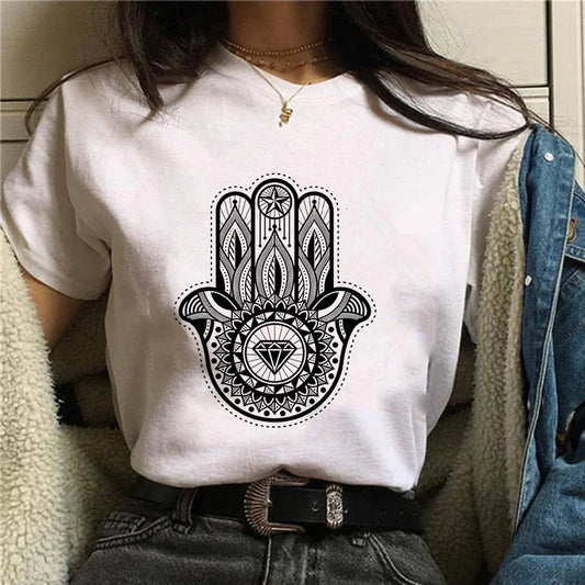 T-Shirt for Women Hamsa Hand of Fatima Print Women's T-Shirts Lucky Hand Unisex T Shirts Short Sleeve Top Tees