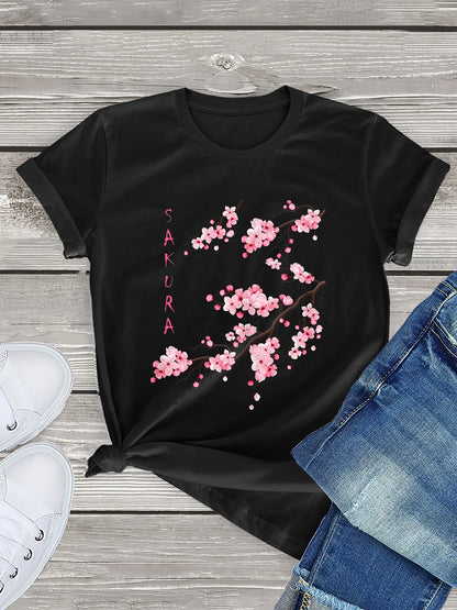 T-Shirt for Women Sakura Cherry Blossom Print T-shirt, Casual Crew Neck Short Sleeve T-shirt, Women's Clothing