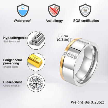 Ring for men CZ Stones Row Wedding Rings for Men Groom Two Tones Silver Color Stainless Steel Finger Band Anillo