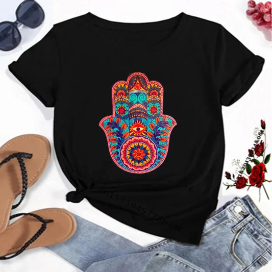 T-Shirt for Women Hamsa Hand of Fatima Print Women's T-Shirts Lucky Hand Unisex T Shirts Short Sleeve Top Tees