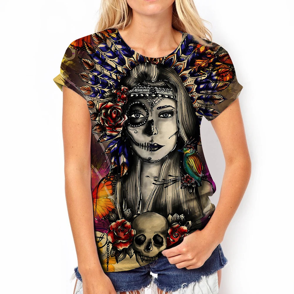 Day of the Dead Dress Up Printed Women's T-Shirts Fashion Rose Skull Graphic Tee Casual O-Neck Streetwear Oversized Short Sleeve