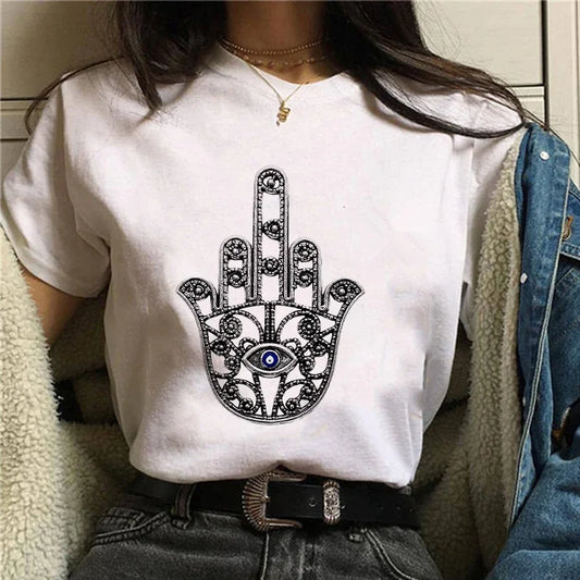 T-Shirt for Women Hamsa Hand of Fatima Print Women's T-Shirts Lucky Hand Unisex T Shirts Short Sleeve Top Tees