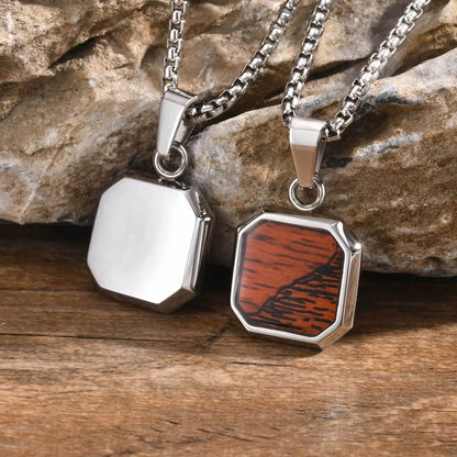 Pendant for Men Gentle Wooden Textures Pendant Necklaces Geometric Square Charms Necklaces Simple Wood Vintage Collar Jewelry