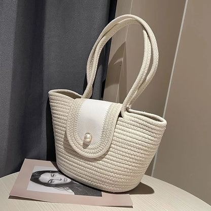 Handbag Fashion Women's Woven Bag French Casual Tote Bag Cotton Rope Handbag Woven Bag Pearl Decoration