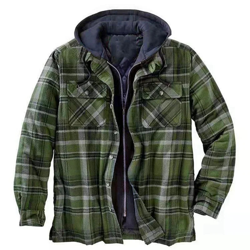 Men's Coats Plaid Printed Patchwork Jacket Hooded Outerwear Jacket for men  Navy-green color front view