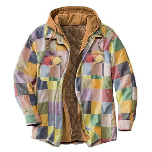 Men's Coats Plaid Printed Patchwork Jacket Hooded Outerwear Jacket for men  Brown-yellow-blue-pink front view