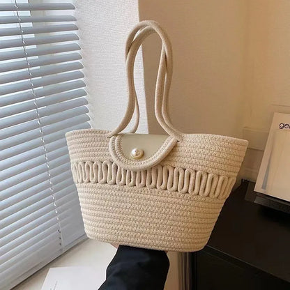 Handbag Fashion Women's Woven Bag French Casual Tote Bag Cotton Rope Handbag Woven Bag Pearl Decoration