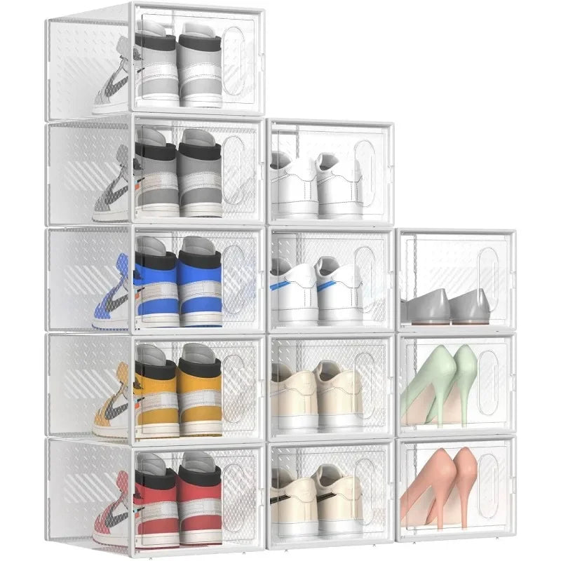 Organizers 12 Pack Shoe Storage Box with Magnetic Door, Fit up to Size 13, Clear Plastic Stackable Shoe Organizer for Closet