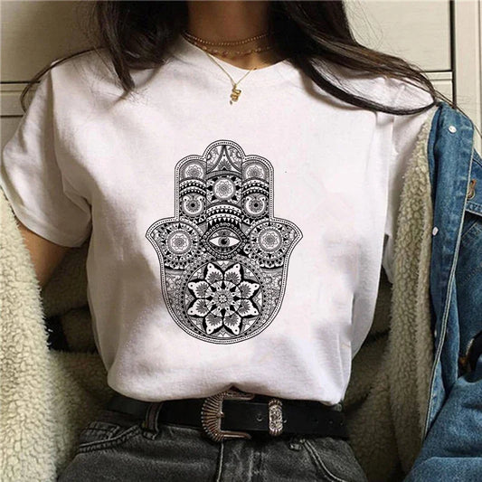 T-Shirt for Women Hamsa Hand of Fatima Print Women's T-Shirts Lucky Hand Unisex T Shirts Short Sleeve Top Tees