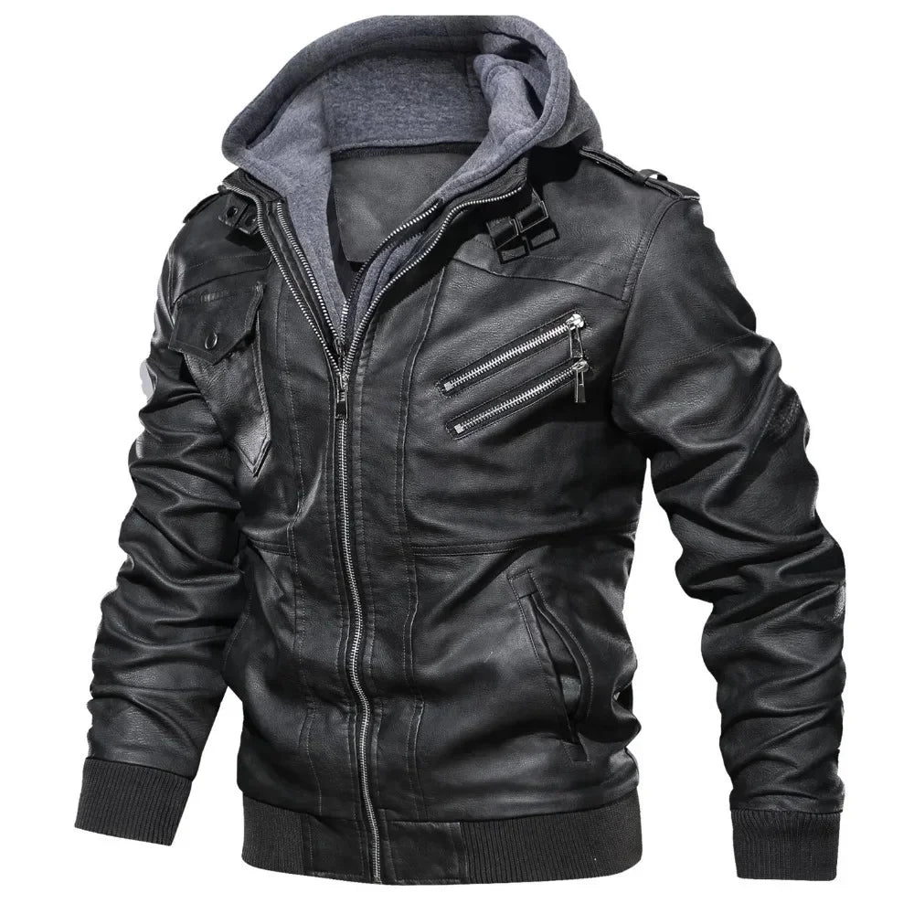 Mens Hood Faux Leather Jacket Winter Fleece Warm Biker Vintage Coat Casual Slim pilot Leather Jackets grey color 3/4 view