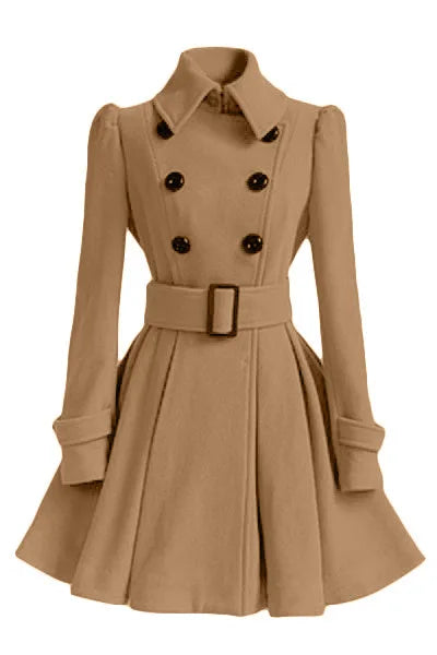 Women‘s Overcoat Elegant Thick Mid Length Warm A-line Loose Hem Tight Waist Woolen Coat with Belt Trench Coat for Women khaki color