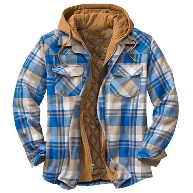 Men's Coats Plaid Printed Patchwork Jacket Hooded Outerwear Jacket for men  blue-khaki-brown color front view