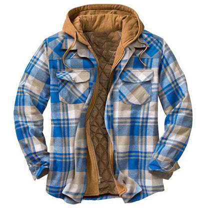 Men's Coats Plaid Printed Patchwork Jacket Hooded Outerwear Jacket for men  blue-khaki-brown color front view