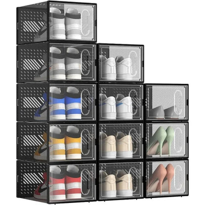 Organizers 12 Pack Shoe Storage Box with Magnetic Door, Fit up to Size 13, Clear Plastic Stackable Shoe Organizer for Closet