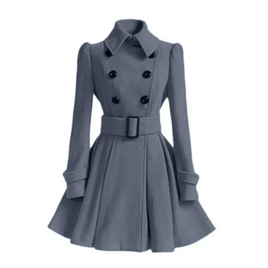 Women‘s Overcoat Elegant Thick Mid Length Warm A-line Loose Hem Tight Waist Woolen Coat with Belt Trench Coat for Women grey color