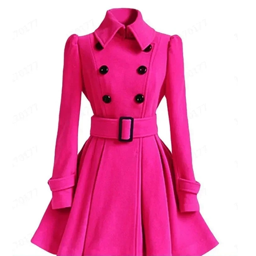 Women‘s Overcoat Elegant Thick Mid Length Warm A-line Loose Hem Tight Waist Woolen Coat with Belt Trench Coat for Women pink color front view