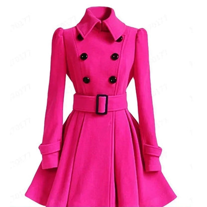 Women‘s Overcoat Elegant Thick Mid Length Warm A-line Loose Hem Tight Waist Woolen Coat with Belt Trench Coat for Women pink color front view