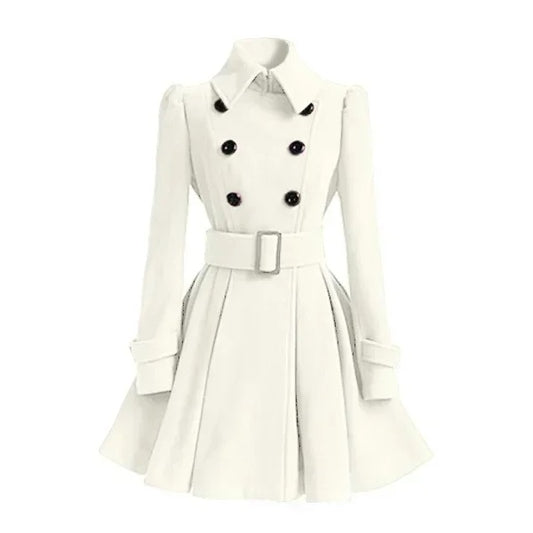 Women‘s Overcoat Elegant Thick Mid Length Warm A-line Loose Hem Tight Waist Woolen Coat with Belt Trench Coat for Women white color