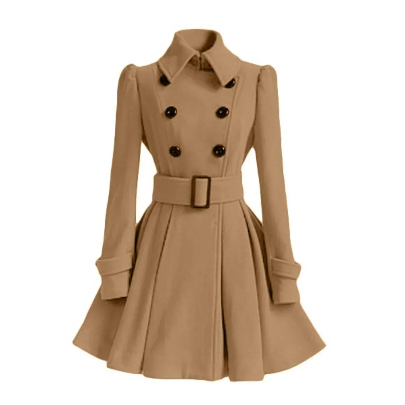 Women‘s Overcoat Elegant Thick Mid Length Warm A-line Loose Hem Tight Waist Woolen Coat with Belt Trench Coat for Women khaki color front view