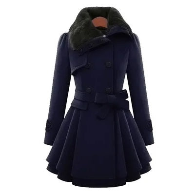 Women's Trench Coat Winter Slim Long Wool Sherpa Coat Double Breasted Padded Cashmere Coat England Style Navy color