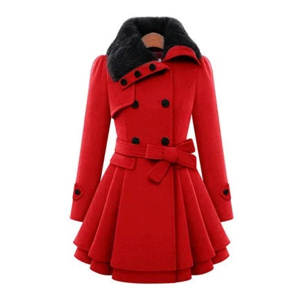 Women's Trench Coat Winter Slim Long Wool Sherpa Coat Double Breasted Padded Cashmere Coat England Style red color front view