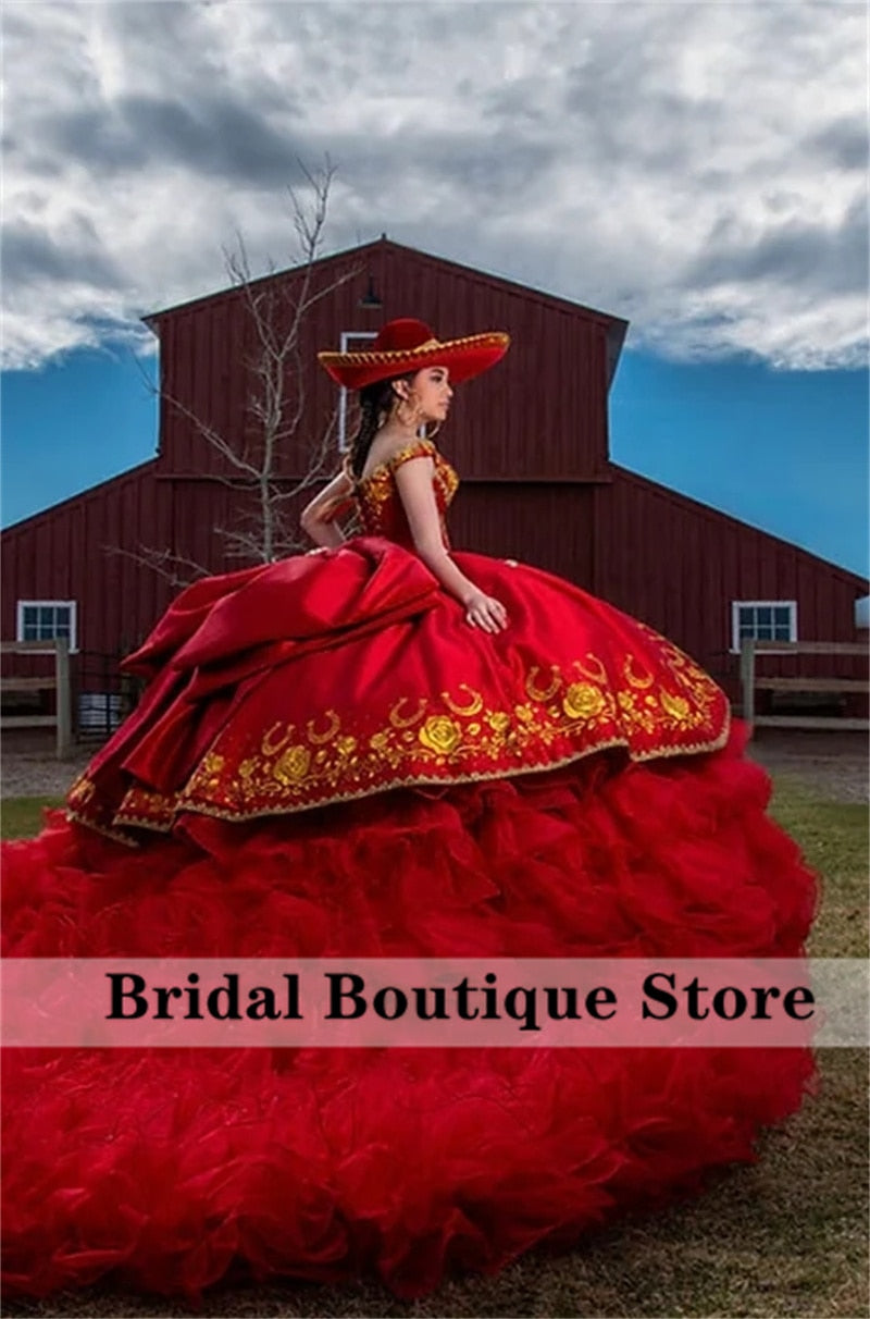 Vestido Charro de Quinceanera Red Ball Gown Dress Quinceanera